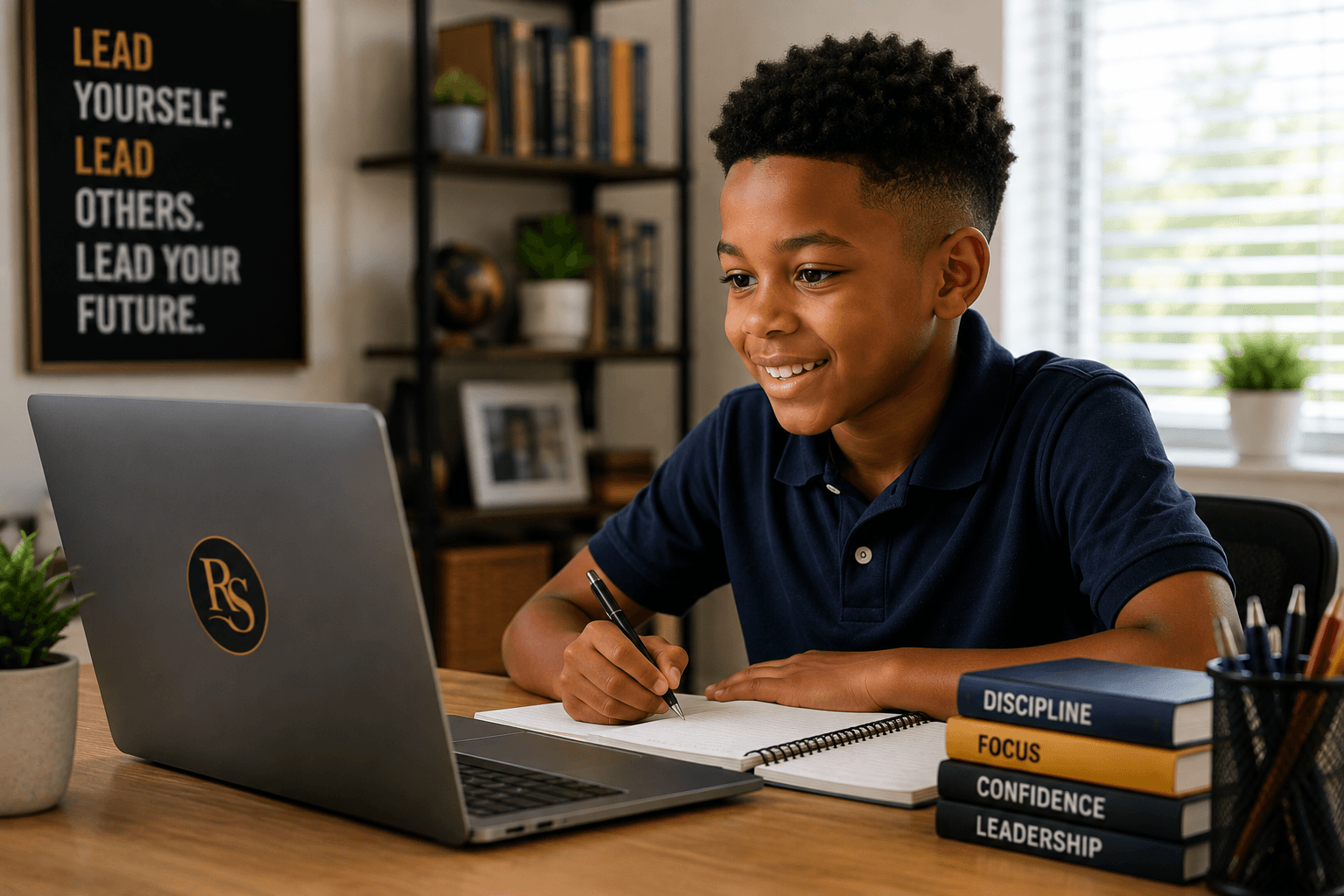 A Rising Sons student working on his laptop